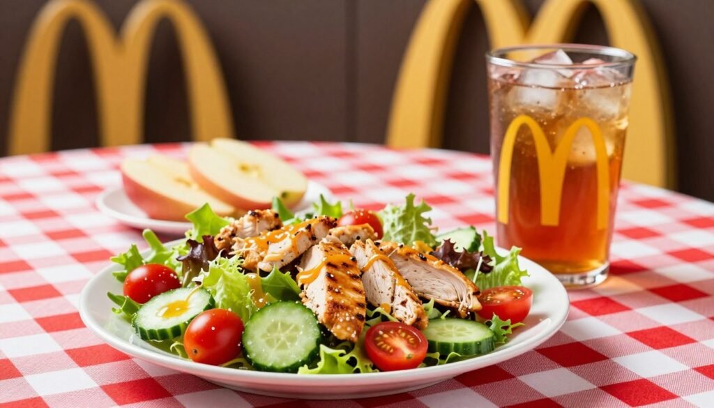 A beautifully presented McDonald's healthy meal featuring a vibrant salad made with fresh greens, cherry tomatoes, cucumbers, and grilled chicken strips, plated elegantly on a red-and-white checkered tablecloth. In the foreground, a sleek, modern salad bowl showcases the colorful ingredients, with a light vinaigrette drizzled on top. In the middle ground, a side of apple slices and a refreshing iced tea in a clear cup beside the bowl highlight the healthy beverage option. In the background, the familiar McDonald's golden arches are subtly visible, ensuring a connection to the brand without overwhelming the focus on health. The lighting is bright and inviting, giving a fresh, clean atmosphere. The image should evoke a sense of wellness and deliciousness, perfect for showcasing healthier choices in a fast-food context. A beautifully presented McDonald's healthy meal featuring a vibrant salad made with fresh greens, cherry tomatoes, cucumbers, and grilled chicken strips, plated elegantly on a red-and-white checkered tablecloth. In the foreground, a sleek, modern salad bowl showcases the colorful ingredients, with a light vinaigrette drizzled on top. In the middle ground, a side of apple slices and a refreshing iced tea in a clear cup beside the bowl highlight the healthy beverage option. In the background, the familiar McDonald's golden arches are subtly visible, ensuring a connection to the brand without overwhelming the focus on health. The lighting is bright and inviting, giving a fresh, clean atmosphere. The image should evoke a sense of wellness and deliciousness, perfect for showcasing healthier choices in a fast-food context.