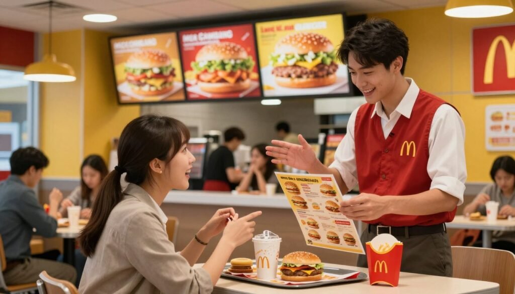 A bustling McDonald's restaurant interior with a vibrant atmosphere, showcasing customers enjoying their meals. In the foreground, a young professional woman in casual yet neat clothing enthusiastically discusses McDonald's secret menu items with a friendly employee, who is smiling and gesturing toward a menu. The middle ground features a large menu board displaying enticing images of secret menu items like the McGangbang and the Land, Sea, and Air Burger, beautifully lit to enhance their appeal. The background includes other customers seated at tables, absorbed in their meals, with bright yellow and red decor typical of McDonald's, providing a cheerful vibe. The lighting is warm and inviting, creating an atmosphere of excitement and curiosity about the hidden delights of the menu. The image captures the essence of discovering the secret menu in a fun, engaging setting.