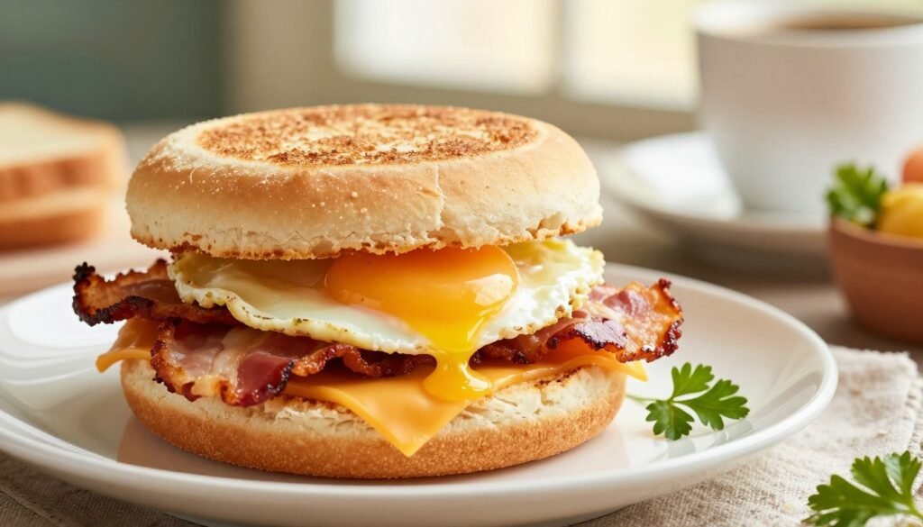 A close-up view of a classic McDonald's breakfast sandwich, featuring a freshly cracked egg, a slice of melted cheddar cheese, crispy bacon, and a perfectly toasted English muffin. The sandwich is placed on a sleek white plate, garnished with a sprig of parsley. In the background, subtle hints of morning light filter through a window, casting a warm glow that enhances the inviting atmosphere of a cozy breakfast setting. Soft focus on the background reveals an abstract blend of vintage-style café elements like a coffee cup and a small fruit bowl, creating a homely vibe. The camera angle is slightly above the sandwich, highlighting its layers and textures. The overall mood is cheerful and appetizing, enticing viewers to indulge in a delicious morning treat.