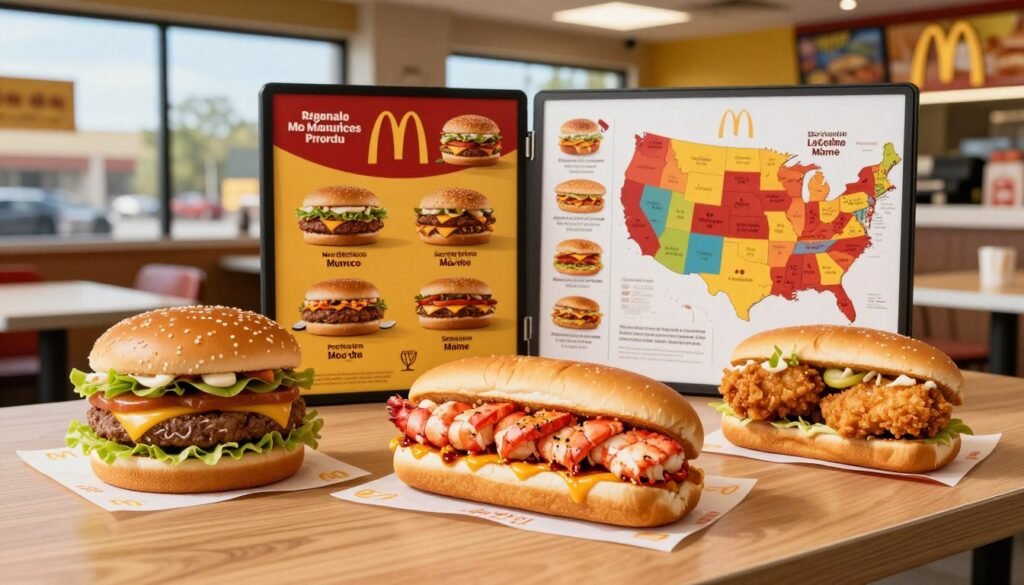 A colorful display of a regional McDonald's menu, featuring iconic items unique to various U.S. locations. In the foreground, highlight a wooden table with a variety of menu items, such as a McPinto Bean Burger from New Mexico, a Lobster Roll from Maine, and a Spicy McChicken from the south. In the middle, include a stylish McDonald's menu board showcasing vibrant images of these dishes, neatly organized by state. The background should depict a cozy McDonald's interior, with bright, natural lighting streaming through large windows, emphasizing a warm, inviting atmosphere. Use a slight overhead angle to capture the full essence of the menu items, while ensuring no humans are present in the scene. The overall mood should be lively and appealing, celebrating the diverse culinary traditions across regional McDonald's offerings.