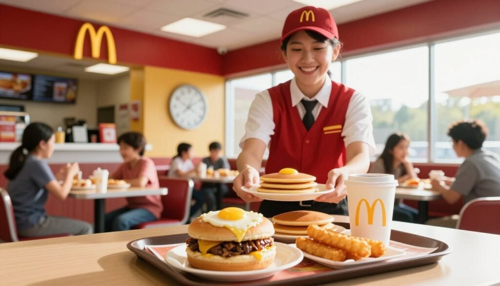 A cozy McDonald's breakfast scene featuring a cheerful employee in a professional uniform smiling and serving breakfast items. In the foreground, a tray holds a classic Egg McMuffin, hotcakes, a hash brown, and a coffee cup, all invitingly arranged. The middle ground shows a bright and welcoming restaurant interior with iconic red and yellow decor, tables with families enjoying their meals, and a large clock on the wall indicating breakfast hours ending. In the background, morning sunlight streams through large windows, casting a warm glow over the scene, creating an upbeat atmosphere. The composition is captured with a soft focus lens at a slightly elevated angle, emphasizing the breakfast items and the inviting environment, evoking a sense of urgency and joy in starting the day with McDonald's breakfast.