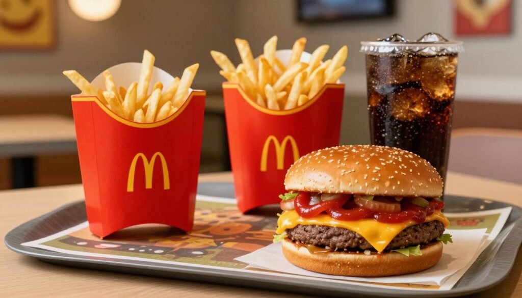 A perfectly arranged McDonald's meal featuring a classic combo special, highlighting a big juicy cheeseburger, golden crispy fries, and a refreshing soda. In the foreground, focus on the vibrant colors of the food: the bright red of the ketchup, the golden brown of the fries, and the shiny wrap of the burger. In the middle ground, place a McDonald's tray with a signature logo, stylishly set against a backdrop of a cozy restaurant interior, complete with playful decor and warm lighting. Use a slight angle to create depth, emphasizing the inviting atmosphere with soft, diffused lighting that enhances the appetizing appeal. The overall mood should feel cheerful and enticing, showcasing McDonald's delicious offers and savings in a lively setting. A perfectly arranged McDonald's meal featuring a classic combo special, highlighting a big juicy cheeseburger, golden crispy fries, and a refreshing soda. In the foreground, focus on the vibrant colors of the food: the bright red of the ketchup, the golden brown of the fries, and the shiny wrap of the burger. In the middle ground, place a McDonald's tray with a signature logo, stylishly set against a backdrop of a cozy restaurant interior, complete with playful decor and warm lighting. Use a slight angle to create depth, emphasizing the inviting atmosphere with soft, diffused lighting that enhances the appetizing appeal. The overall mood should feel cheerful and enticing, showcasing McDonald's delicious offers and savings in a lively setting.