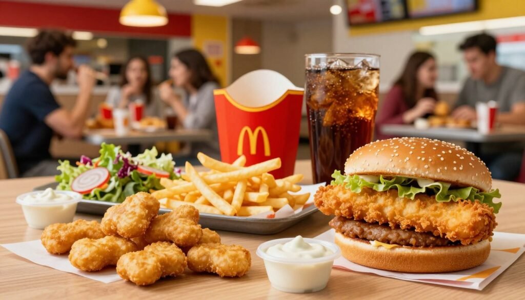 A vibrant McDonald's lunch scene featuring a variety of chicken and fish options prominently displayed on a wooden table. In the foreground, there are crispy chicken nuggets, a golden McChicken sandwich, and a perfectly fried Filet-O-Fish served with tartar sauce. The middle ground features a side of golden French fries, a refreshing iced tea, and a small colorful salad. The background shows a softly lit McDonald's restaurant setting, with cheerful patrons enjoying their meals and bright red and yellow decor. The lighting is warm and inviting, with a focus on the delicious food, captured from a slightly elevated angle to highlight the array of menu items. The mood is casual and friendly, perfect for a midday meal gathering.