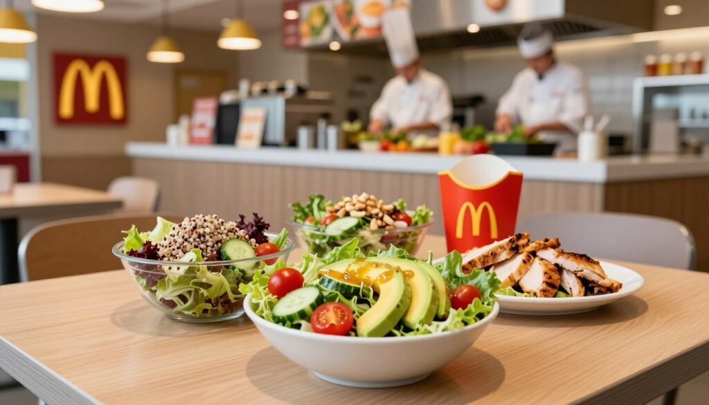 A vibrant McDonald's salad spread on a clean, wooden table. In the foreground, a colorful mix of fresh greens, cherry tomatoes, cucumbers, and sliced avocados in a large bowl, topped with a light vinaigrette. Next to the bowl, there are individual servings of salads, each showcasing different ingredients like quinoa, grilled chicken, and nuts. The middle ground features a bright, inviting McDonald's restaurant interior with soft lighting and modern decor. In the background, a well-lit kitchen area, with chefs preparing fresh ingredients. The mood is health-conscious and appetizing, highlighting the freshness of the salads in a family-friendly dining atmosphere. Shot with a shallow depth of field to focus on the salads, using a warm color palette. A vibrant McDonald's salad spread on a clean, wooden table. In the foreground, a colorful mix of fresh greens, cherry tomatoes, cucumbers, and sliced avocados in a large bowl, topped with a light vinaigrette. Next to the bowl, there are individual servings of salads, each showcasing different ingredients like quinoa, grilled chicken, and nuts. The middle ground features a bright, inviting McDonald's restaurant interior with soft lighting and modern decor. In the background, a well-lit kitchen area, with chefs preparing fresh ingredients. The mood is health-conscious and appetizing, highlighting the freshness of the salads in a family-friendly dining atmosphere. Shot with a shallow depth of field to focus on the salads, using a warm color palette.