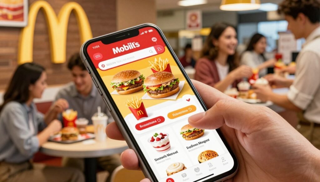 A vibrant scene depicting a smartphone displaying McDonald's Mobile App showcasing exclusive deals. The foreground features a close-up of the phone with a striking, colorful interface highlighting mouth-watering menu items such as burgers, fries, and desserts. In the middle, a cheerful customer, dressed in casual attire, is interacting with the app, smiling as they explore tempting offers. The background includes a bustling McDonald's restaurant, with customers enjoying their meals and employees assisting at the counter, all bathed in warm, inviting lighting. The atmosphere is lively and engaging, emphasizing the excitement of discovering special offers through the mobile app. The angle should be slightly tilted to create a dynamic perspective, enhancing the focus on the smartphone and the joyful interaction taking place. A vibrant scene depicting a smartphone displaying McDonald's Mobile App showcasing exclusive deals. The foreground features a close-up of the phone with a striking, colorful interface highlighting mouth-watering menu items such as burgers, fries, and desserts. In the middle, a cheerful customer, dressed in casual attire, is interacting with the app, smiling as they explore tempting offers. The background includes a bustling McDonald's restaurant, with customers enjoying their meals and employees assisting at the counter, all bathed in warm, inviting lighting. The atmosphere is lively and engaging, emphasizing the excitement of discovering special offers through the mobile app. The angle should be slightly tilted to create a dynamic perspective, enhancing the focus on the smartphone and the joyful interaction taking place.
