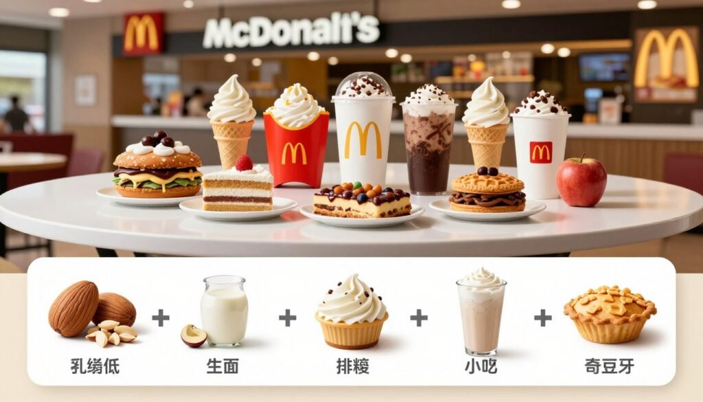 A visually appealing layout of McDonald's allergen information focused on desserts and beverages. In the foreground, a well-organized, colorful infographic displaying key allergen symbols like nuts, dairy, gluten, and soy, with corresponding dessert and beverage images such as ice cream cones, milkshakes, and apple pie. The middle layer features an array of McDonald's signature desserts and drink items presented on a clean, white table, arranged neatly with a soft reflective surface, casting subtle shadows. The background showcases a vibrant McDonald's location with warm, inviting decor and soft lighting, creating a friendly atmosphere. Use a wide-angle lens to capture all elements harmoniously, evoking a sense of accessibility and care in allergen management. The mood is informative and welcoming, emphasizing safety and inclusivity.