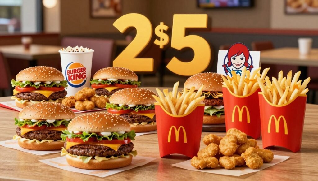 A visually striking illustration comparing McDonald's 2 for $5 menu deals with competitor offers. In the foreground, a vibrant display of various fast food items from McDonald's, such as burgers, chicken nuggets, and fries, artfully arranged on a wooden table. In the middle ground, contrasting offers from competitors like Burger King and Wendy's are represented through enticing food items, creatively presented in a similar style. The background features a stylish restaurant setting with soft, warm lighting, emphasizing a lively dining atmosphere. Use a wide-angle lens to capture the full scope of the scene, highlighting the appealing textures and colors of the food. The overall mood is inviting and engaging, designed to attract attention and stimulate appetite without any text or distractions. A visually striking illustration comparing McDonald's 2 for $5 menu deals with competitor offers. In the foreground, a vibrant display of various fast food items from McDonald's, such as burgers, chicken nuggets, and fries, artfully arranged on a wooden table. In the middle ground, contrasting offers from competitors like Burger King and Wendy's are represented through enticing food items, creatively presented in a similar style. The background features a stylish restaurant setting with soft, warm lighting, emphasizing a lively dining atmosphere. Use a wide-angle lens to capture the full scope of the scene, highlighting the appealing textures and colors of the food. The overall mood is inviting and engaging, designed to attract attention and stimulate appetite without any text or distractions.