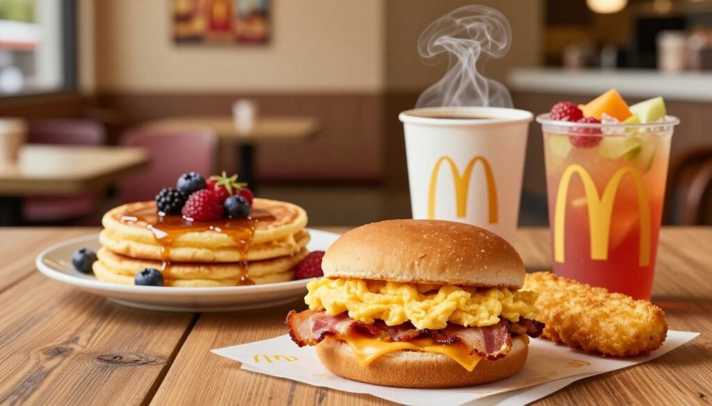 An inviting view of a beautifully presented selection of McDonald's secret breakfast menu items arranged on a rustic wooden table. In the foreground, feature a fluffy breakfast sandwich filled with fluffy scrambled eggs, crispy bacon, and melted cheese, alongside a warm, golden hash brown and a vibrant fruit cup bursting with color. The middle ground includes a side of sweet, buttery McGriddles topped with syrup and fresh berries, and a steaming cup of coffee with delicate steam rising. The background features a softly lit McDonald's restaurant setting, with cozy seating and cheerful decor. The lighting is warm and inviting, capturing a cozy morning atmosphere. Use a shallow depth of field for a slightly blurred background, focusing on the delicious breakfast items for a mouthwatering appeal.
