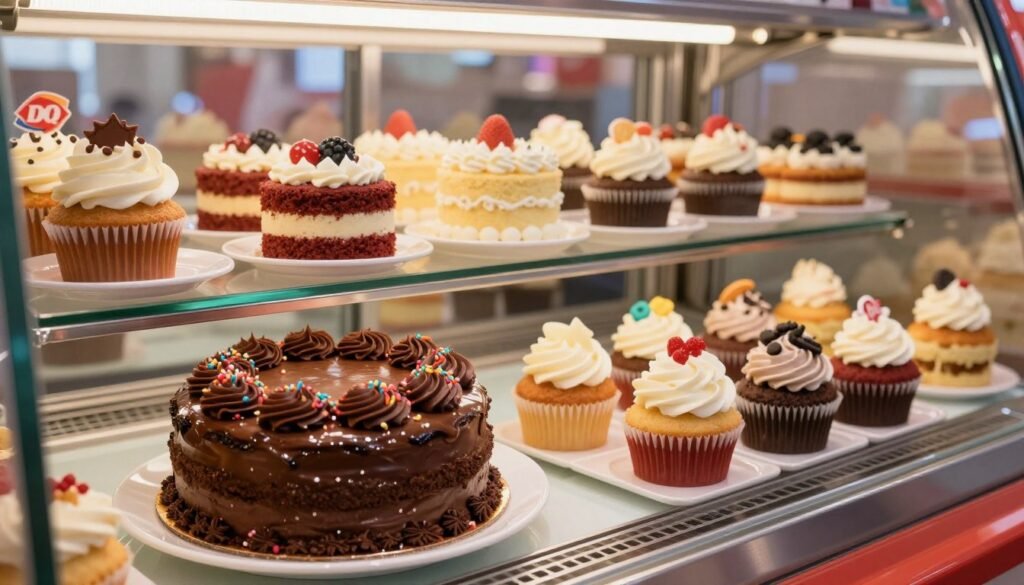 A beautifully arranged display of Dairy Queen cakes and cupcakes in a vibrant dessert showcase. In the foreground, an enticing round chocolate cake with rich chocolate frosting and colorful sprinkles sits elegantly on a white plate, glistening under soft, warm lighting. Nearby, several cupcakes in various flavors, such as vanilla, red velvet, and cookies & cream, are topped with fluffy frosting and decorative toppings, inviting indulgence. In the middle, a glass case showcases additional cakes with different designs and vibrant colors, enhancing the inviting atmosphere. The background features a softly blurred Dairy Queen shop interior, laced with gentle sunlight coming through the windows, creating a cozy and inviting vibe. The scene evokes a sense of joy and celebration, perfect for dessert lovers.