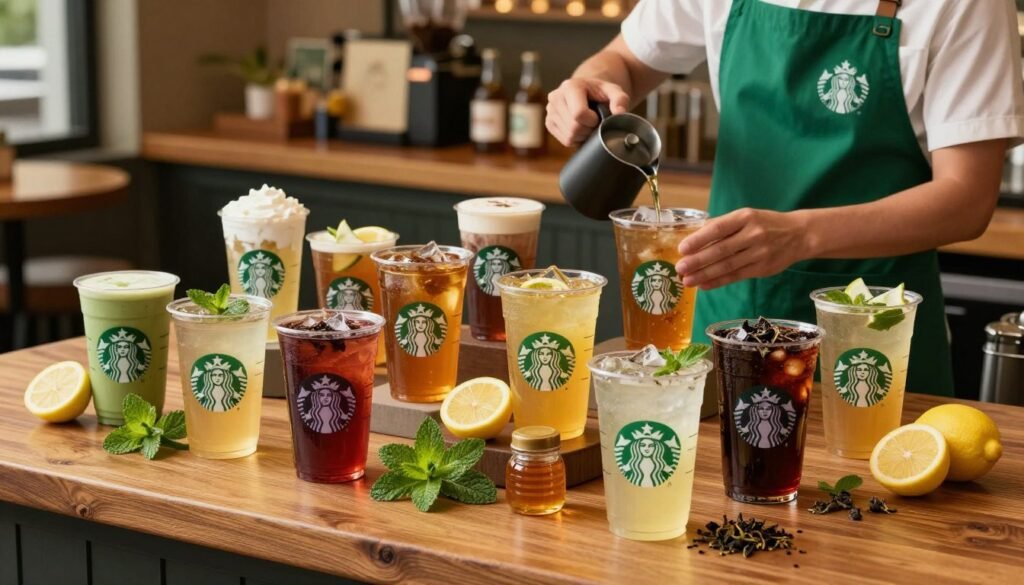 A beautifully arranged display of Starbucks tea customization options on a rustic wooden table. In the foreground, various tea bases such as green, black, and herbal are presented in elegant clear cups, showcasing their vibrant colors. In the middle, an array of fresh ingredients like mint leaves, lemon slices, and honey jars are artfully organized, inviting viewers to explore flavor combinations. In the background, a softly lit Starbucks café ambiance is visible, with warm lighting creating a cozy atmosphere. A barista, dressed in a professional green apron, attentively prepares a tea drink, adding to the engaging scene. The overall mood is inviting and serene, with a focus on the rich textures and colors of the tea customization experience. High-quality, natural lighting enhances the freshness and appeal of the ingredients.