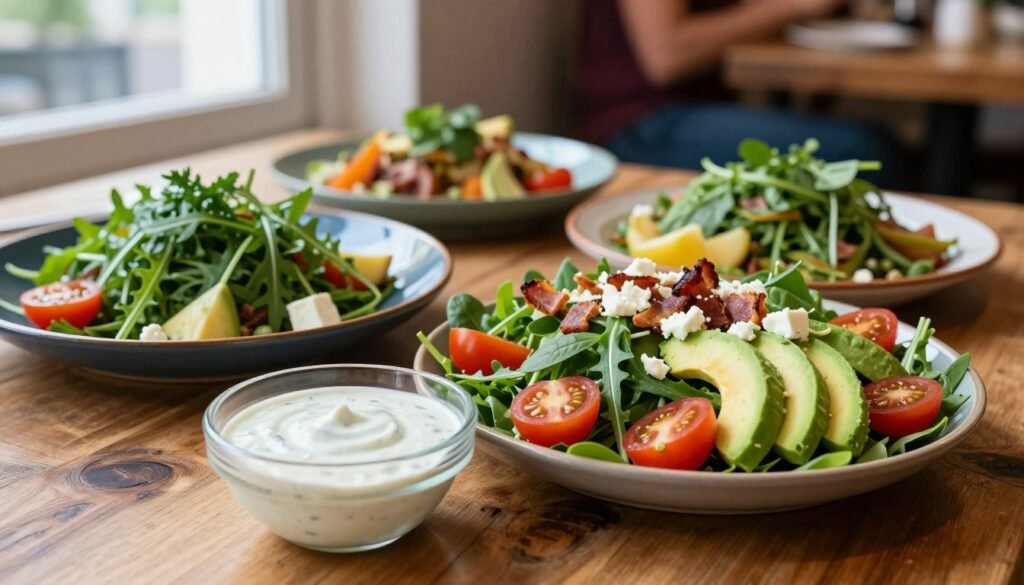 A beautifully arranged keto salad spread on a rustic wooden table, showcasing vibrant greens like arugula and spinach, topped with slices of avocado, cherry tomatoes, crispy bacon bits, and crumbled feta cheese. In the foreground, a clear glass bowl filled with a creamy ranch dressing sits artfully next to the salads. The middle ground features colorful salad plates garnished with fresh herbs, reflecting a healthy lifestyle. Soft, natural daylight filters through a nearby window, highlighting the texture and freshness of the ingredients, creating a warm, inviting atmosphere. The background features a hint of a cozy restaurant setting with blurred shapes of diners enjoying their meals, enhancing the mood of guilt-free dining.