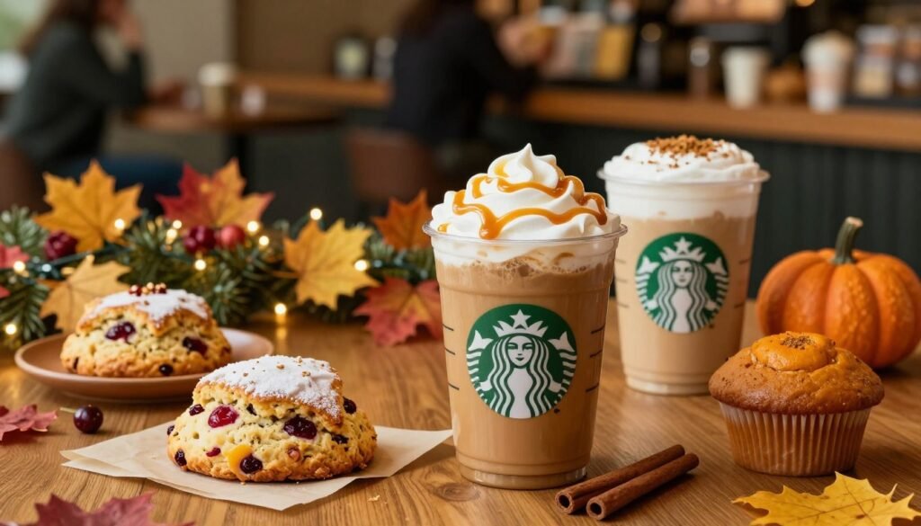 A beautifully arranged table showcasing the seasonal Starbucks menu. In the foreground, a rich caramel latte topped with frothy cream and drizzled with caramel sauce sits alongside a pumpkin spice latte adorned with nutmeg. Scattered around are seasonal pastries like a cranberry orange scone and a pumpkin muffin, inviting and delicious. In the middle ground, a festive backdrop features warm-toned decorations, including autumn leaves and twinkling fairy lights, enhancing the cozy feel. The background captures a softly blurred Starbucks café setting with patrons enjoying their drinks. Use warm, inviting lighting, and a close-up angle to evoke a delightful and seasonal atmosphere, perfect for celebrating the flavors of fall and winter. Ensure the image captures a welcoming and joyful experience without any text or branding. A beautifully arranged table showcasing the seasonal Starbucks menu. In the foreground, a rich caramel latte topped with frothy cream and drizzled with caramel sauce sits alongside a pumpkin spice latte adorned with nutmeg. Scattered around are seasonal pastries like a cranberry orange scone and a pumpkin muffin, inviting and delicious. In the middle ground, a festive backdrop features warm-toned decorations, including autumn leaves and twinkling fairy lights, enhancing the cozy feel. The background captures a softly blurred Starbucks café setting with patrons enjoying their drinks. Use warm, inviting lighting, and a close-up angle to evoke a delightful and seasonal atmosphere, perfect for celebrating the flavors of fall and winter. Ensure the image captures a welcoming and joyful experience without any text or branding.