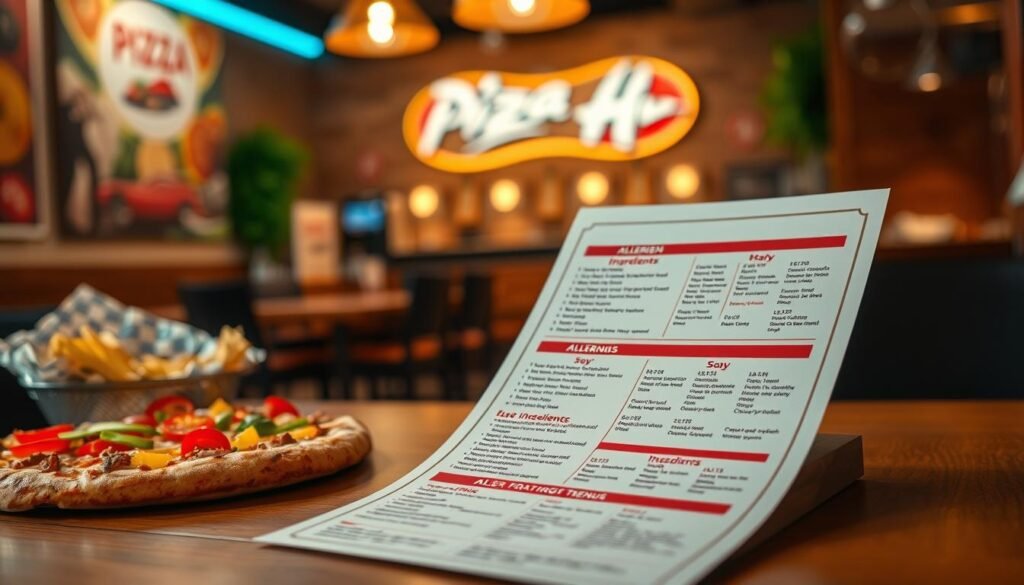 A clear and focused image of a Pizza Hut allergen menu displayed prominently on a wooden table. The foreground features a neatly arranged allergen menu with ingredients highlighted, specifically emphasizing soy. Incorporate a colorful array of pizza toppings around the menu, creating a vibrant and appetizing atmosphere. In the middle ground, include a blurred background of a cozy Pizza Hut restaurant with soft lighting illuminating the scene, enhancing the inviting mood. The angle should be slightly elevated, capturing both the menu and the delicious toppings in detail. The overall tone should be informative yet appealing, inviting viewers to explore safe options for soy allergies in an aesthetically pleasing way. A clear and focused image of a Pizza Hut allergen menu displayed prominently on a wooden table. The foreground features a neatly arranged allergen menu with ingredients highlighted, specifically emphasizing soy. Incorporate a colorful array of pizza toppings around the menu, creating a vibrant and appetizing atmosphere. In the middle ground, include a blurred background of a cozy Pizza Hut restaurant with soft lighting illuminating the scene, enhancing the inviting mood. The angle should be slightly elevated, capturing both the menu and the delicious toppings in detail. The overall tone should be informative yet appealing, inviting viewers to explore safe options for soy allergies in an aesthetically pleasing way.