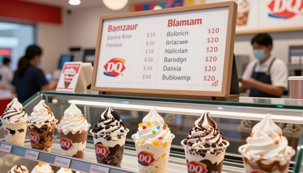 A close-up view of a Dairy Queen Blizzard menu display featuring pricing and a variety of delicious Blizzard flavors. In the foreground, a beautifully arranged display of different Blizzards in clear cups, showcasing rich, swirled soft-serve ice cream mixed with vibrant toppings like crushed Oreos, cookie dough, and fruity bits. The middle layer captures a clean, modern menu board with prices clearly visible, illuminated by soft, warm lighting that creates an inviting atmosphere. In the background, a bright and cheerful Dairy Queen store with a welcoming ambiance, featuring colorful decor and friendly staff members in professional attire serving customers. The overall mood is joyful and enticing, emphasizing value and delicious treats. A close-up view of a Dairy Queen Blizzard menu display featuring pricing and a variety of delicious Blizzard flavors. In the foreground, a beautifully arranged display of different Blizzards in clear cups, showcasing rich, swirled soft-serve ice cream mixed with vibrant toppings like crushed Oreos, cookie dough, and fruity bits. The middle layer captures a clean, modern menu board with prices clearly visible, illuminated by soft, warm lighting that creates an inviting atmosphere. In the background, a bright and cheerful Dairy Queen store with a welcoming ambiance, featuring colorful decor and friendly staff members in professional attire serving customers. The overall mood is joyful and enticing, emphasizing value and delicious treats.