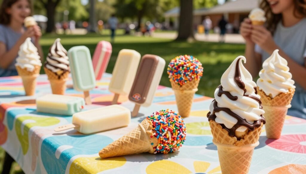 A close-up view of an array of delectable Dairy Queen ice cream cones and novelty items on a vibrant, summertime picnic table. In the foreground, showcase a classic soft-serve cone with a perfectly swirled top, drizzled with rich chocolate syrup. Beside it, display a variety of dipped cones with colorful sprinkles glistening in the sunlight. In the middle section, include innovative novelty items like ice cream bars and dipped waffle cones, neatly arranged on a cheerful, patterned tablecloth. The background features a sunny park scene with blurred out trees and cheerful people enjoying their treats. Use bright, natural lighting to evoke a joyful, nostalgic atmosphere reminiscent of summer days. The image should be inviting and mouthwatering, appealing to all ice cream lovers.