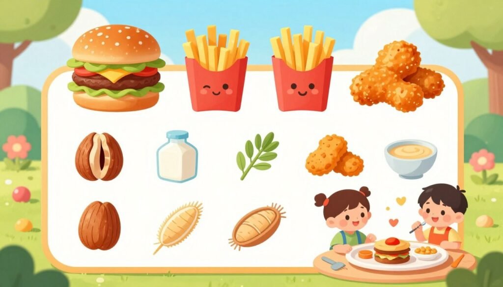 A colorful and engaging illustration of allergen information specifically designed for a kids' menu, featuring food items like burgers, fries, and chicken nuggets, displayed against a cheerful background. The foreground includes cute cartoon-style icons representing common allergens such as nuts, dairy, gluten, and soy, alongside friendly illustrations of kids happily enjoying the meals. In the middle, there’s a vibrant layout showcasing the allergen symbols in a child-friendly manner, encouraging awareness and safety. The background is filled with a sunny, playful landscape, creating an inviting atmosphere. The image is well-lit with soft, warm tones, capturing a joyful and safe dining environment, aiming to resonate with both parents and children.