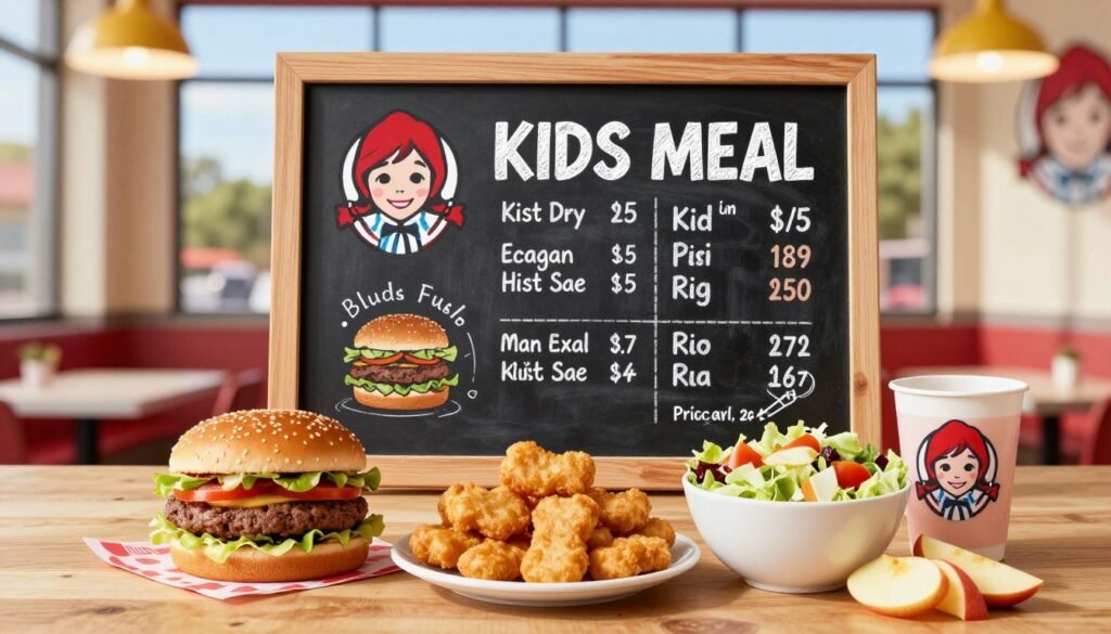 A colorful, inviting display of Wendy's Kids Meal pricing, featuring a cheerful, family-friendly restaurant setting. In the foreground, an assortment of delicious Kids Meals arranged neatly on a wooden table: a juicy hamburger, chicken nuggets, and a crisp salad with vibrant sides like apple slices and a small drink. In the middle, a chalkboard menu with hand-drawn illustrations of the meals and their prices, exuding a playful and whimsical vibe. The background features a bright, cheerful interior of a Wendy's restaurant, with soft, natural lighting filtering through large windows, casting warm glows on the meals. The overall mood is friendly and welcoming, appealing to families and children alike, capturing the essence of value and wholesome eating options. A colorful, inviting display of Wendy's Kids Meal pricing, featuring a cheerful, family-friendly restaurant setting. In the foreground, an assortment of delicious Kids Meals arranged neatly on a wooden table: a juicy hamburger, chicken nuggets, and a crisp salad with vibrant sides like apple slices and a small drink. In the middle, a chalkboard menu with hand-drawn illustrations of the meals and their prices, exuding a playful and whimsical vibe. The background features a bright, cheerful interior of a Wendy's restaurant, with soft, natural lighting filtering through large windows, casting warm glows on the meals. The overall mood is friendly and welcoming, appealing to families and children alike, capturing the essence of value and wholesome eating options.