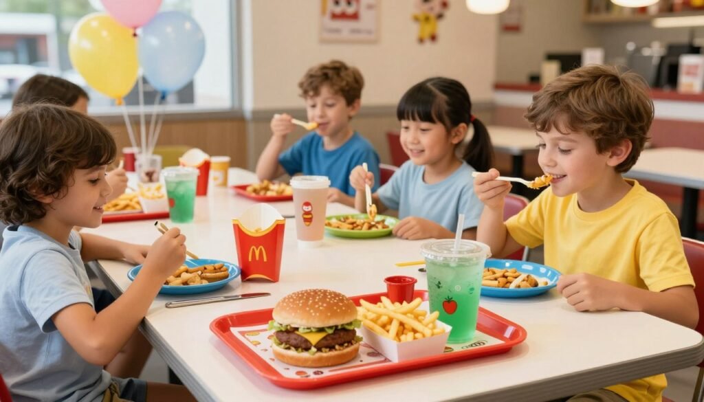 A colorful, inviting scene of a well-organized table featuring affordable kids' meals from a fast-food restaurant, specifically designed for young children. In the foreground, a vibrant tray holds a small burger, crispy fries, and a fun-sized drink, all styled with playful, child-friendly packaging. In the middle, smiling children are sitting, joyfully enjoying their meals in casual clothing, surrounded by cheerful decorations, like balloons and playful tableware. In the background, a calm and pleasant restaurant atmosphere, with bright lights reflecting off shiny surfaces, creating a warm, welcoming vibe. The composition is shot from a slightly elevated angle to capture the joyful expressions of the kids and the appeal of the meals, evoking a sense of affordability and delight in family dining.