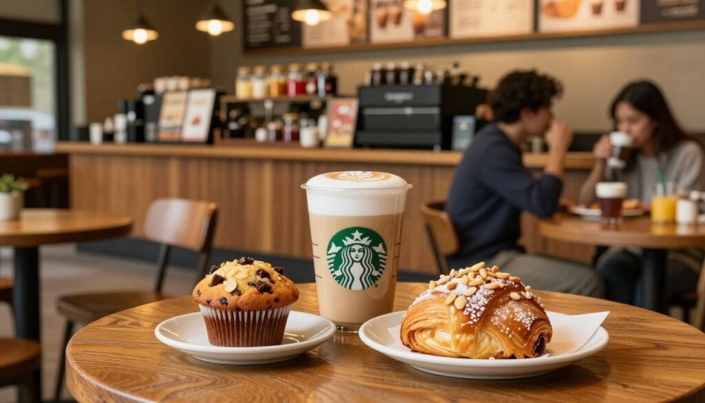 A cozy Starbucks café interior showcasing a table with a selection of nut-free food and beverages. In the foreground, a beautifully arranged display of a tall, creamy vanilla latte with foam art, paired with a delectable almond-free pastry such as a chocolate chip muffin and a fruit cup. In the middle, the warm ambiance of the café, featuring rustic wooden furniture, soft lighting, and patrons enjoying their drinks in modest casual clothing. The background reveals a vibrant coffee counter with jars of syrups and various coffee brewing equipment, all bathed in inviting golden hues from overhead lights. The overall mood is welcoming and friendly, perfect for highlighting safe choices for those with nut allergies. Focus on clear details and a soothing atmosphere that resonates with dietary awareness.