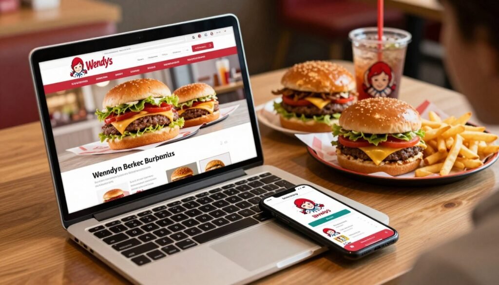A cozy, inviting digital setup featuring a sleek laptop on a wooden table displaying the Wendy's website with a mouthwatering selection of burgers. In the foreground, there's a smartphone showing the Wendy's app, emphasizing the convenience of mobile ordering. The middle ground showcases a vibrant, colorful array of Wendy's burgers, fries, and drinks, artistically arranged on a plate. In the background, soft, warm lighting creates a welcoming atmosphere, simulating a fast-food restaurant ambiance. An overhead angle captures both the laptop and smartphone, highlighting their role in online ordering. The overall mood is casual and appetizing, enticing viewers to explore Wendy's burger options from the comfort of their home.