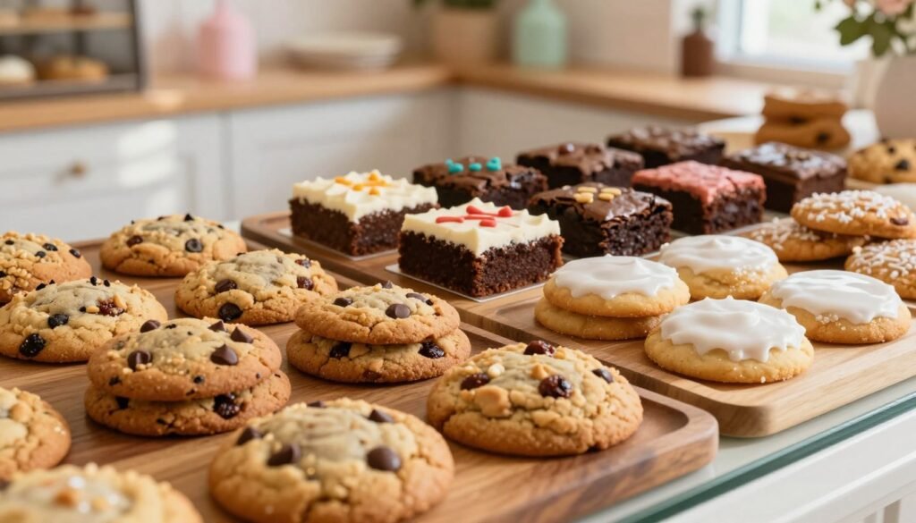 A cozy, inviting scene of a bakery display featuring an array of Wendy's signature cookies and bakery items. In the foreground, feature a variety of cookies—chocolate chip, oatmeal raisin, and frosted sugar cookies—professionally arranged on wooden platters. The middle section displays beautifully decorated cakes and brownies, with rich textures and vibrant colors. The background shows a softly lit bakery interior with warm wood accents and subtle pastel decorations, enhancing the inviting atmosphere. Soft, natural light filters in, casting gentle shadows that create a warm and welcoming mood. Capture this from a slightly elevated angle to showcase the items' details while emphasizing the inviting nature of the display.
