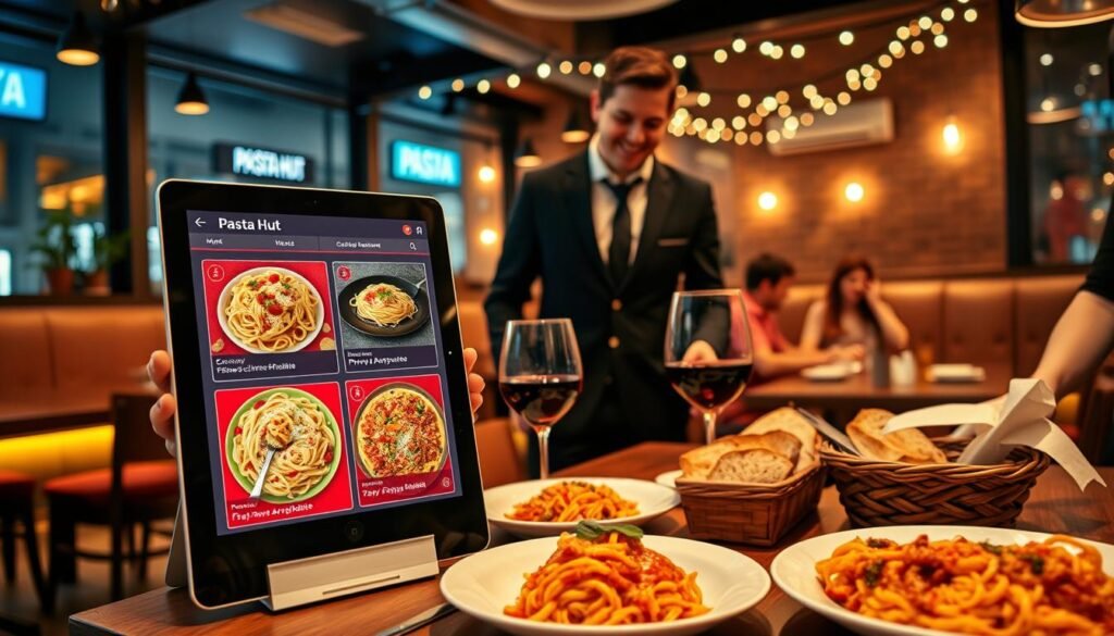 A cozy, modern restaurant interior showcasing an inviting online pasta ordering experience. In the foreground, a sleek tablet displays a colorful Pasta Hut menu, highlighting a variety of pasta dishes like creamy fettuccine and zesty penne arrabbiata. A friendly staff member, dressed in smart casual attire, stands beside the tablet, engaging with a delighted customer who is selecting their order. The middle ground features a well-arranged dining table adorned with plates of pasta, a glass of red wine, and a rustic bread basket. In the background, warm ambient lighting creates a welcoming atmosphere, with other diners enjoying their meals, accentuated by soft music notes or string lights overhead. The angle is slightly elevated, providing a comprehensive view of the setting that evokes comfort and culinary delight.