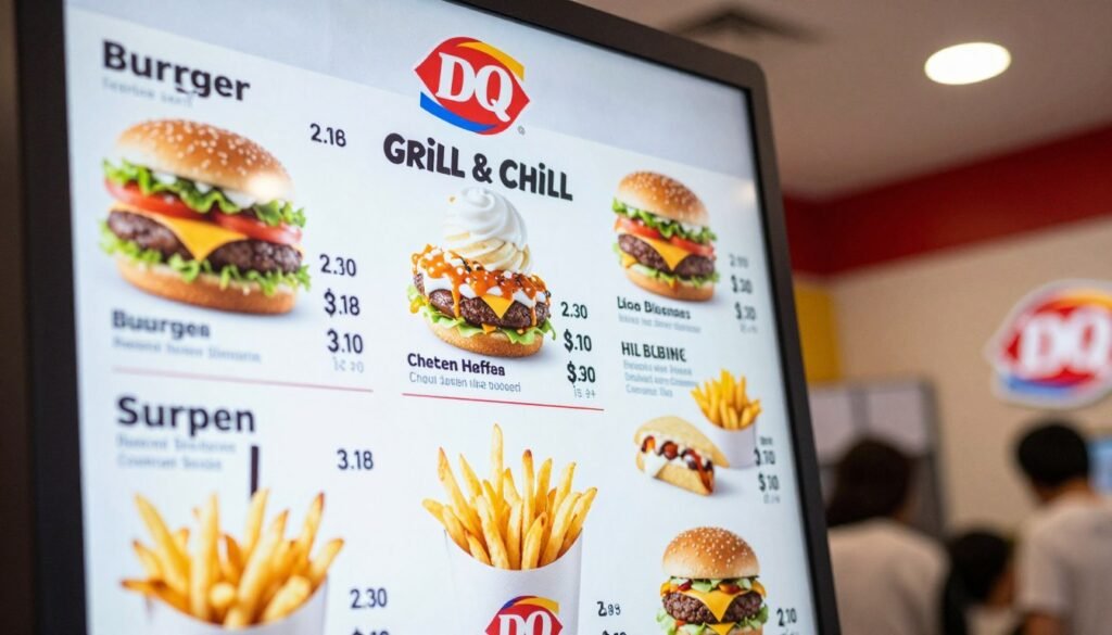 A detailed close-up of a Dairy Queen Grill & Chill menu board, prominently displaying the prices of various menu items such as burgers, fries, and desserts. The menu should be colorful and appetizing, featuring images of signature dishes like the Blizzard and classic cheeseburgers. In the foreground, the price tags should be clear and legible, with vibrant colors emphasizing the freshness of the food. In the background, a soft-focus of a Dairy Queen restaurant interior can be seen, with warm lighting creating an inviting atmosphere. The overall mood is friendly and casual, ideal for a family dining experience. Aim for a high-resolution image with sharp details, using a slightly angled perspective to add depth and dimension to the scene.