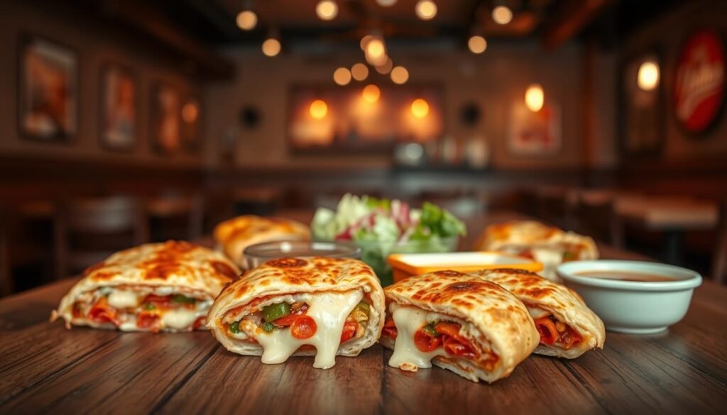 A stunning close-up of a variety of Pizza Hut Melts, elegantly arranged on a rustic wooden table. In the foreground, showcase a selection of melts with gooey cheese stretching as they are pulled apart, emphasizing their appetizing filling of pepperoni, vegetables, and cheese. In the middle ground, include a fresh side salad and dipping sauces in vibrant bowls, creating a colorful contrast. The background should feature a cozy Pizza Hut restaurant interior softly lit by warm overhead lights, enhancing the inviting atmosphere. Use a shallow depth of field to keep the focus on the food while softly blurring the background. Capture a warm, friendly mood that invites viewers to enjoy a delicious meal.