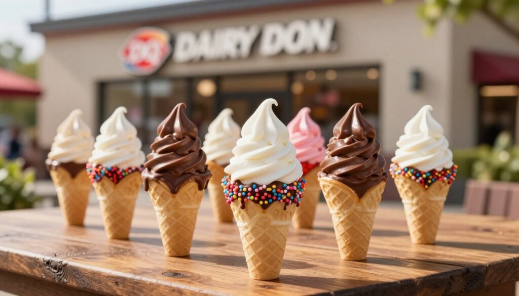 A tempting display of Dairy Queen dipped cones arranged artistically on a rustic wooden table. The foreground features three perfectly swirled vanilla soft serve cones, each decadently coated in rich chocolate and colorful sprinkles, glistening under soft, diffused sunlight. The middle section includes an assortment of additional flavors, like strawberry and butterscotch dips, creating a vibrant palette. In the background, a blurred Dairy Queen storefront signifies freshness and excitement, while subtle greenery peeks from the sides, enhancing the outdoor summer vibe. The mood is joyful and inviting, perfect for indulging in classic American ice cream treats. The image should be captured with a shallow depth of field, emphasizing the delectable cones while maintaining a warm, cheerful atmosphere.