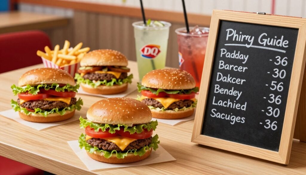 A vibrant Dairy Queen burger pricing guide scene, showcasing an array of multi-layered burgers with fresh ingredients, like crispy lettuce, juicy tomatoes, and melted cheese, artistically arranged on a wooden table. In the foreground, a chalkboard displays elegant handwritten pricing, emphasizing affordability and variety. The middle ground features a delicious selection of burgers alongside crispy fries and refreshing beverages, all under soft, warm lighting for an inviting atmosphere. The background hints at a Dairy Queen restaurant interior with cheerful colors and low-key decorations. The overall mood is casual and friendly, perfect for enticing burger lovers. The camera angle captures a slight overhead view, focusing on the enticing food arrangements while maintaining a clean and professional aesthetic.