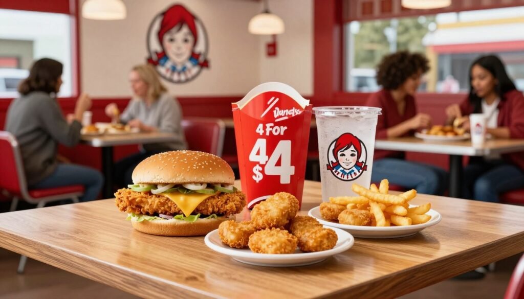 A vibrant Wendy's fast-food setting featuring the "4 For $4" menu prominently displayed on a stylish wooden table. In the foreground, a mouthwatering arrangement of four delicious items: a crispy chicken sandwich, four-piece crispy nuggets, a small fry, and a refreshing drink, all neatly styled and enticingly plated. The middle background showcases a rustic Wendy's restaurant interior with cheerful red and white colors, and patrons enjoying their meals, dressed in casual, modest clothing. Soft, natural lighting filters through the windows, creating a warm and inviting atmosphere. The angle captures the table from a slight elevation, emphasizing the delicious food while keeping the Wendy's branding subtly in view, evoking a sense of comfort and satisfaction.