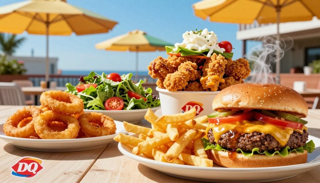 A vibrant and appetizing display of Dairy Queen's savory summer menu options, featuring a selection of mouthwatering items like crispy chicken strips, cheesy burgers with fresh toppings, and a colorful side of crispy onion rings. The foreground showcases a beautifully plated meal with steamy, golden fries beside a succulent burger, glistening with condiments. In the middle, include a refreshing garden salad with bright greens and cherry tomatoes. The background is a sunny outdoor patio setting adorned with cheerful umbrellas, and a bright blue sky enhances the summer vibe. The scene is well-lit with natural sunlight, creating a warm, inviting atmosphere. Shot from a slight angle to highlight the delicious details, this image exudes freshness and summertime enjoyment.