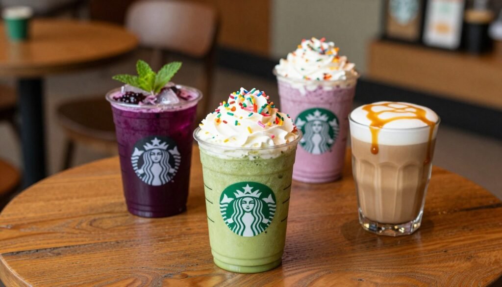 A vibrant and enticing display of various Starbucks secret menu drinks, arranged artistically on a rustic wooden table. In the foreground, focus on three standout beverages: a creamy, green matcha frappuccino adorned with whipped cream and colorful sprinkles, a deep purple berry concoction with a refreshing garnish of mint, and a rich, caramel macchiato served in a unique glass with a drizzle of caramel on top. In the middle ground, a blurred background reveals a cozy Starbucks café ambiance, with soft, warm lighting illuminating the drinks and highlighting their textures. The scene conveys a relaxed, inviting atmosphere, capturing the essence of a perfect coffee break. Use a slightly angled top-down perspective with a soft bokeh effect, ensuring no text or logos are visible. A vibrant and enticing display of various Starbucks secret menu drinks, arranged artistically on a rustic wooden table. In the foreground, focus on three standout beverages: a creamy, green matcha frappuccino adorned with whipped cream and colorful sprinkles, a deep purple berry concoction with a refreshing garnish of mint, and a rich, caramel macchiato served in a unique glass with a drizzle of caramel on top. In the middle ground, a blurred background reveals a cozy Starbucks café ambiance, with soft, warm lighting illuminating the drinks and highlighting their textures. The scene conveys a relaxed, inviting atmosphere, capturing the essence of a perfect coffee break. Use a slightly angled top-down perspective with a soft bokeh effect, ensuring no text or logos are visible.
