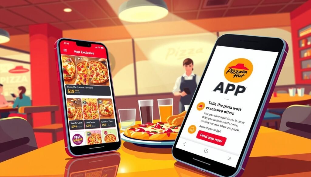 A vibrant and inviting illustration focused on Pizza Hut's app-exclusive offers. Foreground: A smartphone displaying the Pizza Hut app, featuring colorful images of delicious pizzas, topped with fresh ingredients and attractive discounts. Middle: A cozy dining table set with a steaming hot pizza, a side of gooey cheesy breadsticks, and drinks, reflecting the idea of enjoying a meal with friends or family. Background: A warm, softly lit pizza restaurant interior, with friendly staff members in professional attire attending to customers, suggesting a bustling but welcoming atmosphere. The lighting is bright and cheerful, capturing the excitement of finding great promotions. The angle is slightly elevated, showcasing both the app and the delicious food in a way that feels dynamic and engaging.