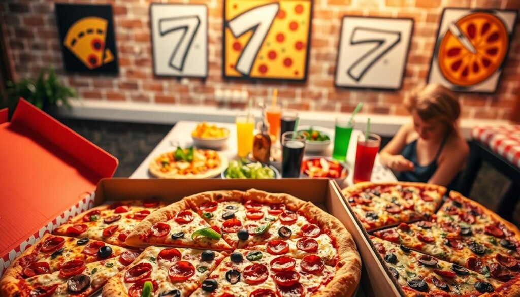 A vibrant and inviting scene showcasing an array of delicious pizzas under the theme of "affordable pizza deals." In the foreground, a large, colorful pizza box is open, revealing multiple slices of various toppings like pepperoni, mushrooms, and bell peppers, beautifully arranged and steaming. In the middle ground, a decorated table is set with fresh salads and drinks, highlighting a casual family gathering atmosphere. Soft, warm lighting illuminates the scene, setting a friendly and inviting mood. The background features a brick wall adorned with pizza-themed art, complementing the overall theme. Use a slight overhead angle to capture the enticing details of the pizzas and convey a feeling of abundance and enjoyment, emphasizing the affordability and appeal of the Pizza Hut $7 Deal Lovers Menu. A vibrant and inviting scene showcasing an array of delicious pizzas under the theme of "affordable pizza deals." In the foreground, a large, colorful pizza box is open, revealing multiple slices of various toppings like pepperoni, mushrooms, and bell peppers, beautifully arranged and steaming. In the middle ground, a decorated table is set with fresh salads and drinks, highlighting a casual family gathering atmosphere. Soft, warm lighting illuminates the scene, setting a friendly and inviting mood. The background features a brick wall adorned with pizza-themed art, complementing the overall theme. Use a slight overhead angle to capture the enticing details of the pizzas and convey a feeling of abundance and enjoyment, emphasizing the affordability and appeal of the Pizza Hut $7 Deal Lovers Menu.