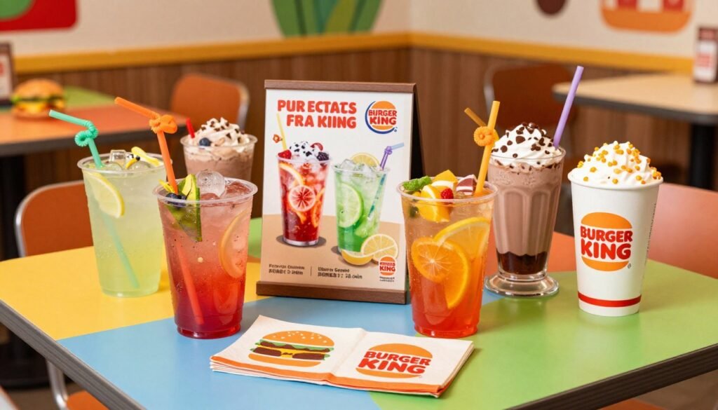 A vibrant and playful scene featuring a variety of kid-friendly drinks from Burger King, arranged on a colorful table. In the foreground, showcase brightly colored cups filled with refreshing beverages like fruit punch, lemonade, and a chocolate milkshake, each topped with playful straws and decorative garnishes. In the middle ground, include a cheerful children's menu highlighting the drinks, along with playful burger-themed napkins. The background should feature a lively Burger King restaurant ambiance with cheerful decor and soft, inviting lighting that creates a warm atmosphere. Use a slightly overhead angle to capture the full arrangement and ensure the setting feels welcoming and fun for kids. The overall mood should be joyful and appetizing, emphasizing the refreshing and delightful nature of the drinks.