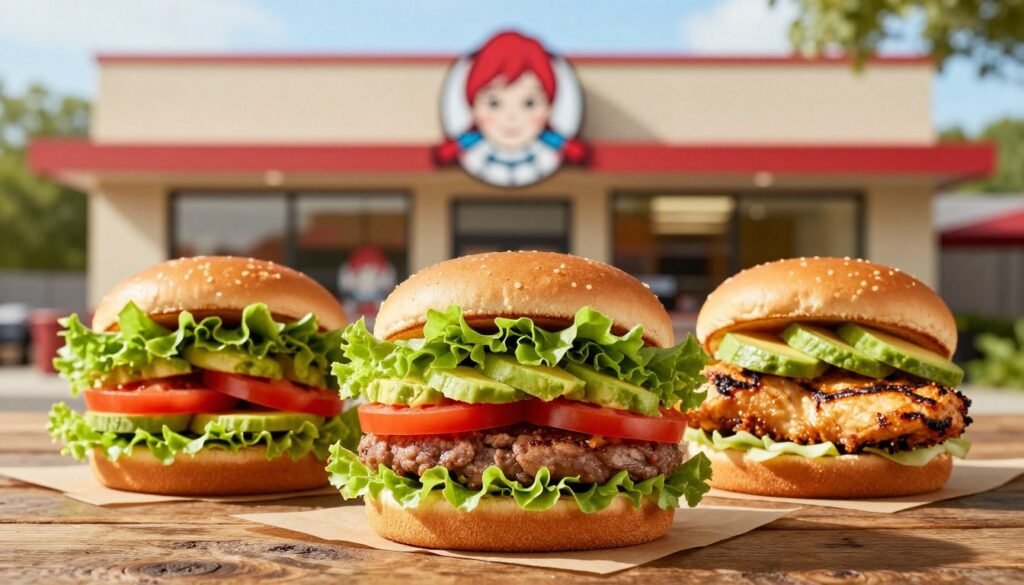 A vibrant, appetizing display of Wendy's diet-friendly burger options, including a fresh, lettuce-wrapped burger and a grilled chicken sandwich, prominently featured in the foreground on a rustic wooden table. Each burger is garnished with colorful vegetables, such as ripe tomatoes, crisp lettuce, and avocado slices, showcasing their healthy ingredients. In the middle background, a bright and inviting Wendy's fast-food restaurant exterior can be seen, framed by greenery, creating a warm atmosphere. Soft, natural lighting casts a gentle glow on the burgers, emphasizing their freshness and color. A close-up view captures the textures of the buns and toppings, while maintaining a clean and organized presentation to convey a sense of healthiness and taste, ideal for health-conscious diners.