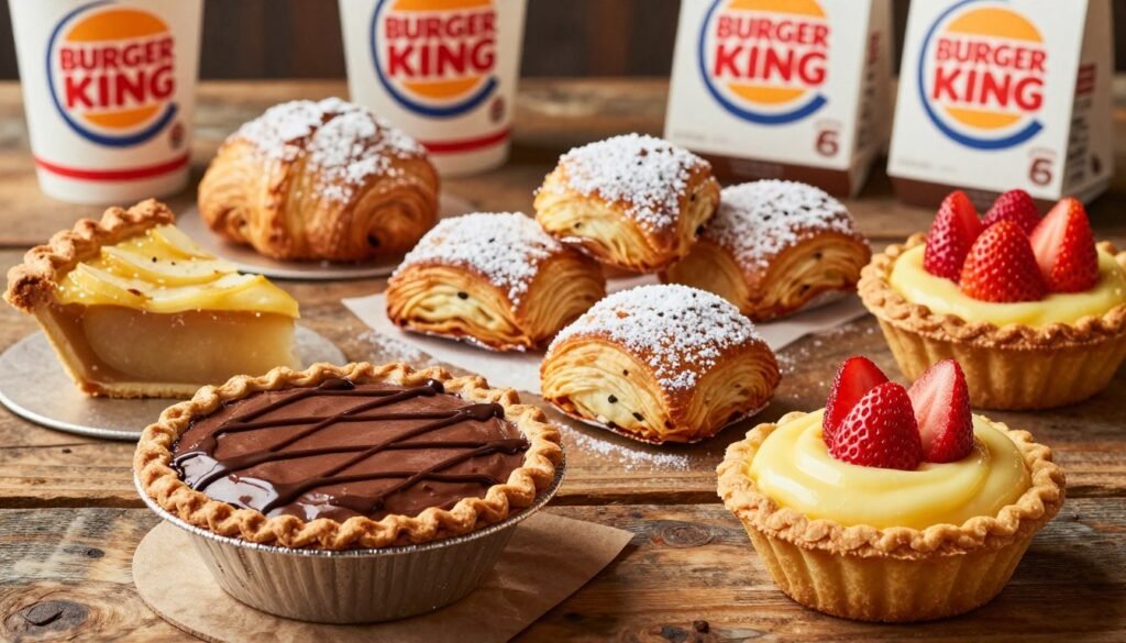A vibrant arrangement of Burger King pies and baked desserts displayed invitingly on a rustic wooden table. In the foreground, showcase a rich chocolate pie with a glossy, chocolate drizzle, a slice of apple pie with a golden crust, and a creamy custard tart topped with fresh strawberries. The middle area features an assortment of crispy, flaky pastries dusted with powdered sugar. In the background, soft focused images of Burger King branding and dessert packaging create a nostalgic atmosphere. The scene is illuminated with warm, soft lighting to enhance the inviting mood. Capture this image from a slightly elevated angle to emphasize the textures and details of the desserts, evoking a sense of indulgence and satisfaction.