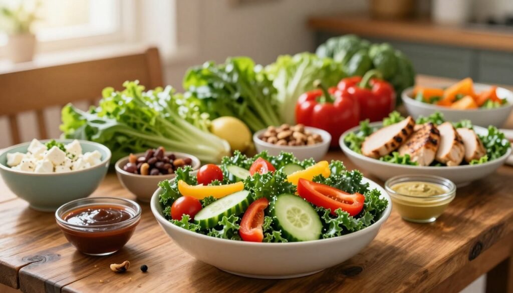 A vibrant display of customizable salads, featuring a variety of fresh ingredients artfully arranged on a rustic wooden table. In the foreground, showcase a large bowl of kale salad topped with cherry tomatoes, slices of cucumber, and colorful bell peppers. Surround it with smaller bowls filled with various toppings like crumbled feta cheese, grilled chicken, nuts, and a selection of dressings. In the middle ground, highlight a selection of fresh greens and vegetables in an inviting, sunlit atmosphere. Soft, warm lighting creates a cheerful ambiance, emphasizing the freshness of the produce. The background softly blurs to suggest a cozy dining space, enhancing the inviting feel. Capture the essence of customization and freshness, inspiring readers to create their perfect salad.