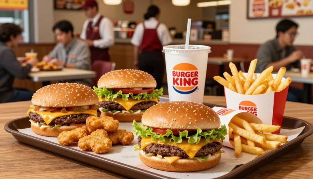 A vibrant display of the Burger King value menu featuring an assortment of affordable items like the classic cheeseburger, chicken nuggets, and fries, neatly arranged on a wooden tray. In the foreground, focus on a deliciously stacked burger with melted cheese and fresh lettuce, paired with crispy golden fries. The middle ground showcases the iconic Burger King packaging, with a drink beside the tray. In the background, a bustling fast-food restaurant atmosphere with friendly staff wearing professional uniforms and customers enjoying their meals. Soft, warm lighting enhances the inviting feel of the scene, shot from a slight bird's eye view to capture the food details effectively. The overall mood conveys affordability, satisfaction, and community.