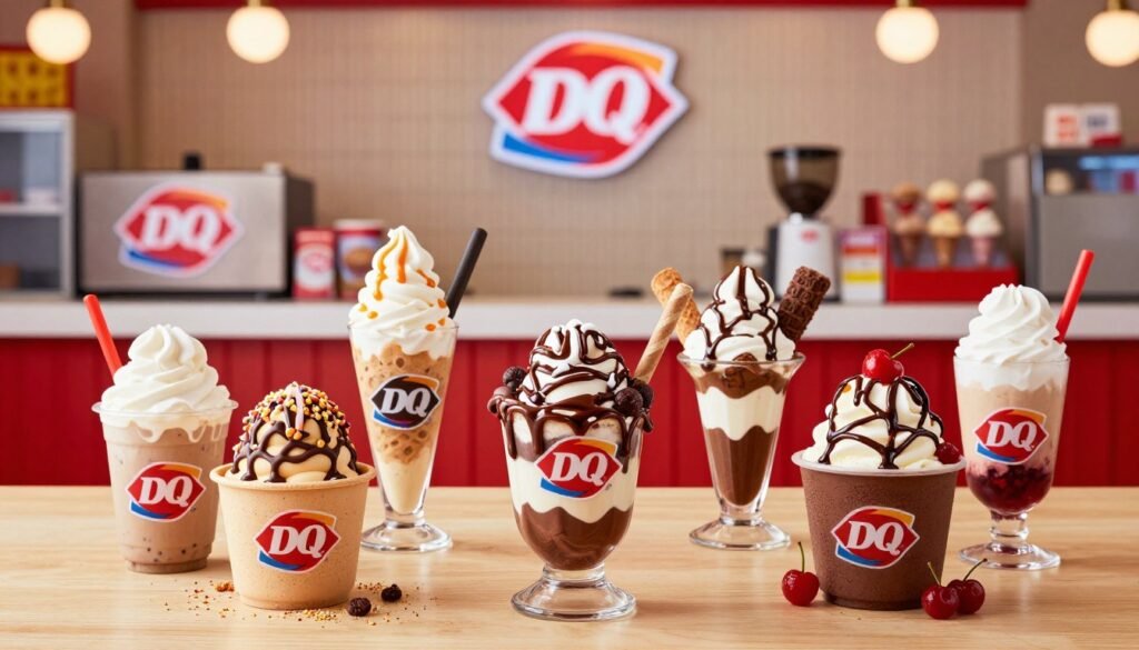 A vibrant, enticing Dairy Queen secret menu spread, featuring a colorful array of imaginative ice cream sundaes and blended treats. In the foreground, a table loaded with a whimsical assortment of menu items such as the 'Butterfinger Blizzard' and 'Choco-Dipped Cherry', beautifully presented with rich textures and glistening toppings. Surrounding these treats, a warm, inviting atmosphere is created with soft, overhead lighting casting a delectable glow. The middle background boasts a Dairy Queen counter, subtly hinting at the brand with its iconic red and white colors, softly blurred to maintain focus on the food. The image captures the excitement and fun of discovering hidden delights with a playful, inviting mood, perfect for enticing viewers to explore the secret menu options.