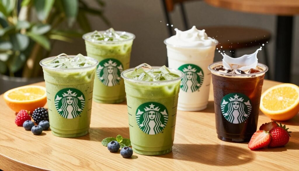 A vibrant flat lay of a selection of healthy Starbucks drinks, including a tall iced matcha latte with almond milk, a refreshing fruit-infused green tea, and a rich cold brew with a splash of oat milk. The drinks are arranged on a light wooden table surrounded by fresh fruits like berries and citrus slices. Sunlight filters in from the left, casting soft shadows and enhancing the colors of the drinks. The background features blurred greenery, suggesting an outdoor café setting, to evoke a fresh and invigorating atmosphere. The composition should emphasize the drinks' textures and colors, showcasing the healthy ingredients. The scene feels uplifting and inviting, perfect for anyone looking to nourish themselves throughout the day.