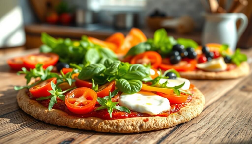 A vibrant, mouth-watering display of healthy pizza toppings arranged artistically on a rustic wooden table. In the foreground, a close-up of a whole wheat pizza crust topped with a colorful medley of fresh ingredients: bright red cherry tomatoes, crisp arugula, thinly sliced bell peppers, and creamy mozzarella. In the middle ground, vibrant basil leaves and black olives add depth and contrast, while a light drizzle of olive oil glistens on top. The background features softly blurred kitchen elements, hinting at a warm, inviting atmosphere. Natural daylight streams in, casting gentle highlights that enhance the freshness of the toppings. The image evokes a sense of healthiness and indulgence, making it perfect for nutrition-conscious diners seeking delicious and wholesome options. A vibrant, mouth-watering display of healthy pizza toppings arranged artistically on a rustic wooden table. In the foreground, a close-up of a whole wheat pizza crust topped with a colorful medley of fresh ingredients: bright red cherry tomatoes, crisp arugula, thinly sliced bell peppers, and creamy mozzarella. In the middle ground, vibrant basil leaves and black olives add depth and contrast, while a light drizzle of olive oil glistens on top. The background features softly blurred kitchen elements, hinting at a warm, inviting atmosphere. Natural daylight streams in, casting gentle highlights that enhance the freshness of the toppings. The image evokes a sense of healthiness and indulgence, making it perfect for nutrition-conscious diners seeking delicious and wholesome options.