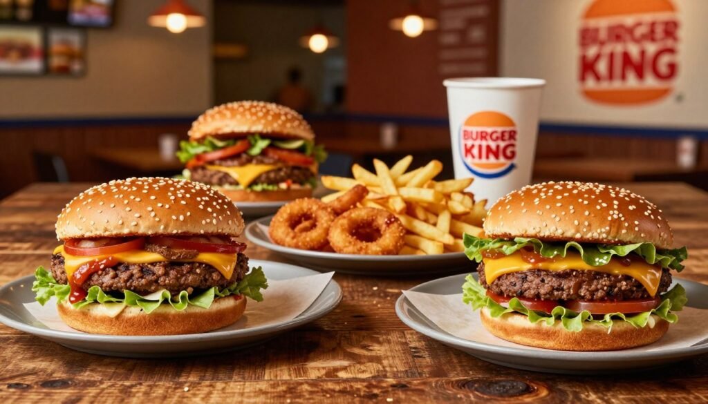 A vibrant, mouth-watering spread of Burger King secret menu items arranged on a rustic wooden table. In the foreground, highlight unique regional specialties like the "Pizza Burger" and "Suicide Burger," each meticulously plated with fresh toppings and sauces. In the middle ground, display a colorful array of sides such as loaded fries and onion rings, showcasing their crispy textures. In the background, a warm, inviting Burger King restaurant interior, with subtle ambient lighting casting a cozy glow, hints at a bustling atmosphere. Capture this scene from a slight overhead angle with a shallow depth of field to focus on the food, evoking a sense of discovery and excitement about these hidden menu treasures, suitable for food lovers and enthusiasts.