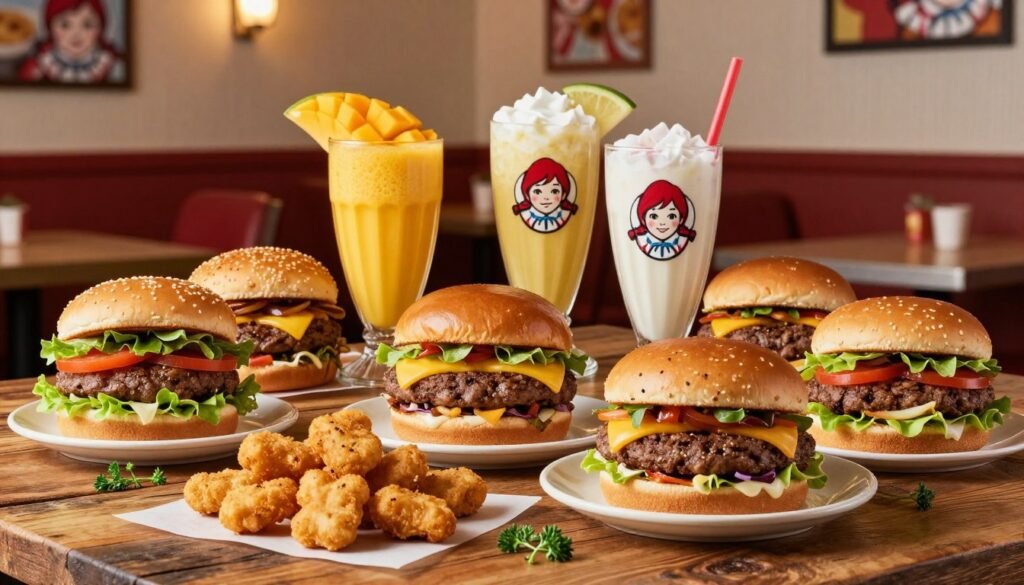 A vibrant spread of Wendy's regional secret menu items, beautifully arranged on a rustic wooden table. In the foreground, showcase an assortment of colorful burgers and unique sides, such as spicy chicken nuggets and seasonal salads, garnished with fresh herbs. In the middle, highlight specialty drinks, like a mango smoothie and a seasonal milkshake, presented in stylish glassware. The background features a cozy Wendy's diner setting with warm lighting, creating an inviting atmosphere. Use a shallow depth of field to keep the focus on the food while softly blurring the diner’s décor. Capture the scene with a warm color palette, emphasizing the deliciousness and uniqueness of these hidden favorites.
