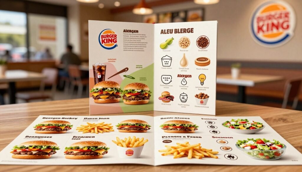 A visually appealing and informative Burger King allergen guide, designed for clarity. The foreground features a well-organized table displaying a vibrant assortment of food items, including burgers, fries, and salads, labeled with allergen icons specifically for nut allergies. In the middle, a neatly arranged allergen guide pamphlet is partially opened, showcasing colorful graphics and clear visual distinctions for allergens. The background softly blurs a Burger King restaurant interior, providing context without distraction. Natural, warm lighting highlights the food items and pamphlet, creating an inviting atmosphere. Capture the scene from a slightly elevated angle to emphasize the guide’s details and the food's freshness, fostering a sense of safety and inclusivity for diners with nut allergies.