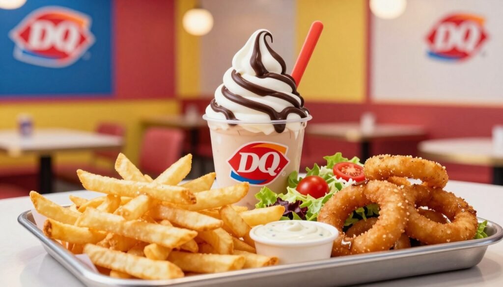 A visually appealing arrangement of Dairy Queen menu items featuring a vibrant display of classic sides and accompaniments. In the foreground, a tray showcases crispy golden French fries, a side of onion rings with a rich dipping sauce, and a colorful mixed side salad with fresh cherry tomatoes and crisp lettuce. The middle layer includes a Dairy Queen soft serve treat with a contrasting chocolate drizzle, enhancing the lively colors. In the background, a softly lit Dairy Queen interior is visible, highlighting the inviting atmosphere with cheerful colors and cozy seating arrangements. The lighting is warm and natural, giving the image a welcoming feel. The angle captures the delicious presentation, enticing viewers and evoking a sense of indulgence and satisfaction. The overall mood is cheerful and appetizing, perfect for showcasing Dairy Queen’s delightful menu options.