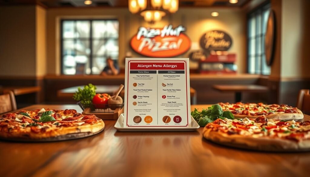 A visually engaging depiction of the Pizza Hut allergen menu focusing on tree nut and peanut allergy considerations. In the foreground, a beautifully crafted wooden table displays an array of delicious pizza options, clearly labeled with icons indicating safe choices for tree nut and peanut allergies. In the middle, a professional-looking menu rests alongside vibrant ingredients like fresh vegetables and safe sauces. The background features a warm, inviting Pizza Hut interior with soft lighting, highlighting the cozy atmosphere. Use a shallow depth of field to emphasize the menu and pizza while slightly blurring the background, creating a comforting yet informative mood. The scene should convey safety and inclusivity in dining options for those with allergies. A visually engaging depiction of the Pizza Hut allergen menu focusing on tree nut and peanut allergy considerations. In the foreground, a beautifully crafted wooden table displays an array of delicious pizza options, clearly labeled with icons indicating safe choices for tree nut and peanut allergies. In the middle, a professional-looking menu rests alongside vibrant ingredients like fresh vegetables and safe sauces. The background features a warm, inviting Pizza Hut interior with soft lighting, highlighting the cozy atmosphere. Use a shallow depth of field to emphasize the menu and pizza while slightly blurring the background, creating a comforting yet informative mood. The scene should convey safety and inclusivity in dining options for those with allergies.