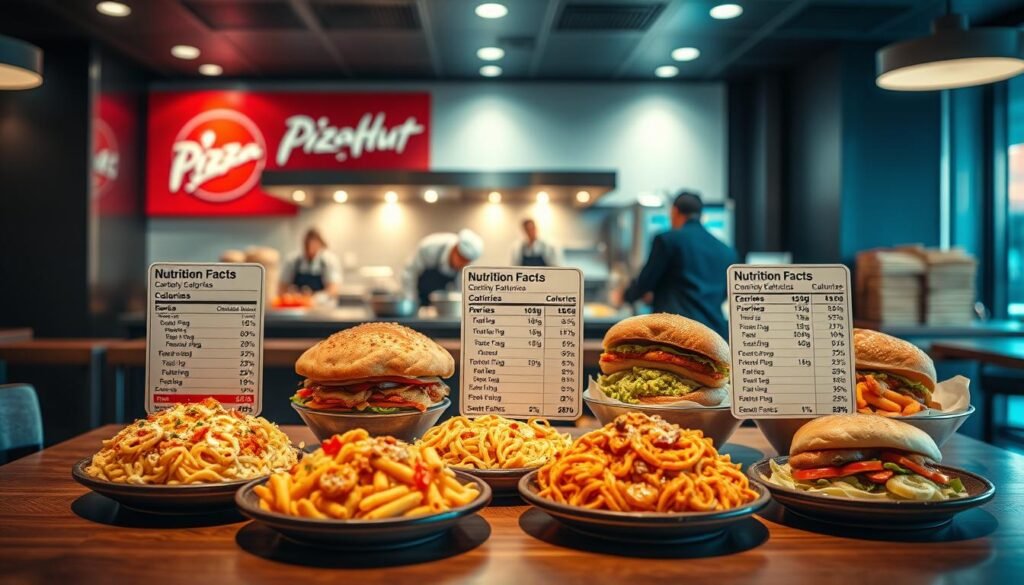 A visually engaging display of Pizza Hut's nutrition facts, focusing on the nutritional analysis of pasta and sandwiches, set in a bright, modern restaurant environment. In the foreground, a colorful array of freshly prepared pasta and sandwich dishes is artfully arranged on a wooden table, showcasing portion sizes, alongside detailed nutrition labels that highlight calories, fats, proteins, and other key nutritional information. The middle background features a well-lit kitchen with chefs in professional business attire preparing food, reflecting a bustling but clean atmosphere. The background includes a vibrant Pizza Hut branding with subtle hints of red and white, creating an inviting ambiance. The lighting is warm and inviting, suggesting a friendly dining experience, captured with a slightly elevated angle to include both food and kitchen activity. A visually engaging display of Pizza Hut's nutrition facts, focusing on the nutritional analysis of pasta and sandwiches, set in a bright, modern restaurant environment. In the foreground, a colorful array of freshly prepared pasta and sandwich dishes is artfully arranged on a wooden table, showcasing portion sizes, alongside detailed nutrition labels that highlight calories, fats, proteins, and other key nutritional information. The middle background features a well-lit kitchen with chefs in professional business attire preparing food, reflecting a bustling but clean atmosphere. The background includes a vibrant Pizza Hut branding with subtle hints of red and white, creating an inviting ambiance. The lighting is warm and inviting, suggesting a friendly dining experience, captured with a slightly elevated angle to include both food and kitchen activity.