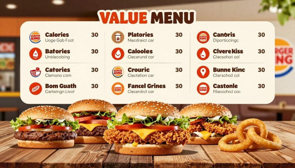 A visually engaging infographic depicting the nutritional information of Burger King's value menu items. In the foreground, display a colorful assortment of Burger King menu items, such as flame-grilled burgers, crispy chicken sandwiches, and onion rings, arranged appealingly on a rustic wooden table. The middle ground should feature clear, easy-to-read nutritional facts presented in an organized layout, using vibrant colors and icons for calories, fats, and proteins, making the information eye-catching. In the background, subtly incorporate a blurred image of a Burger King restaurant to add context. Use bright, natural lighting to evoke a fresh and inviting atmosphere, with a slight overhead angle that captures the allure of the food while highlighting the nutritional details prominently. The overall mood should be informative yet appetizing, creating a sense of curiosity for potential customers.